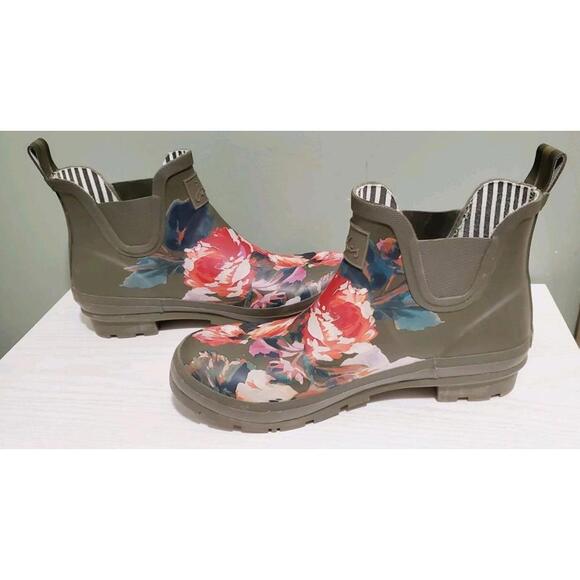 Joules Rain Boots Women's Sz 10 Floral Green Pink Waterproof Rubber Wellibob - Picture 5 of 7
